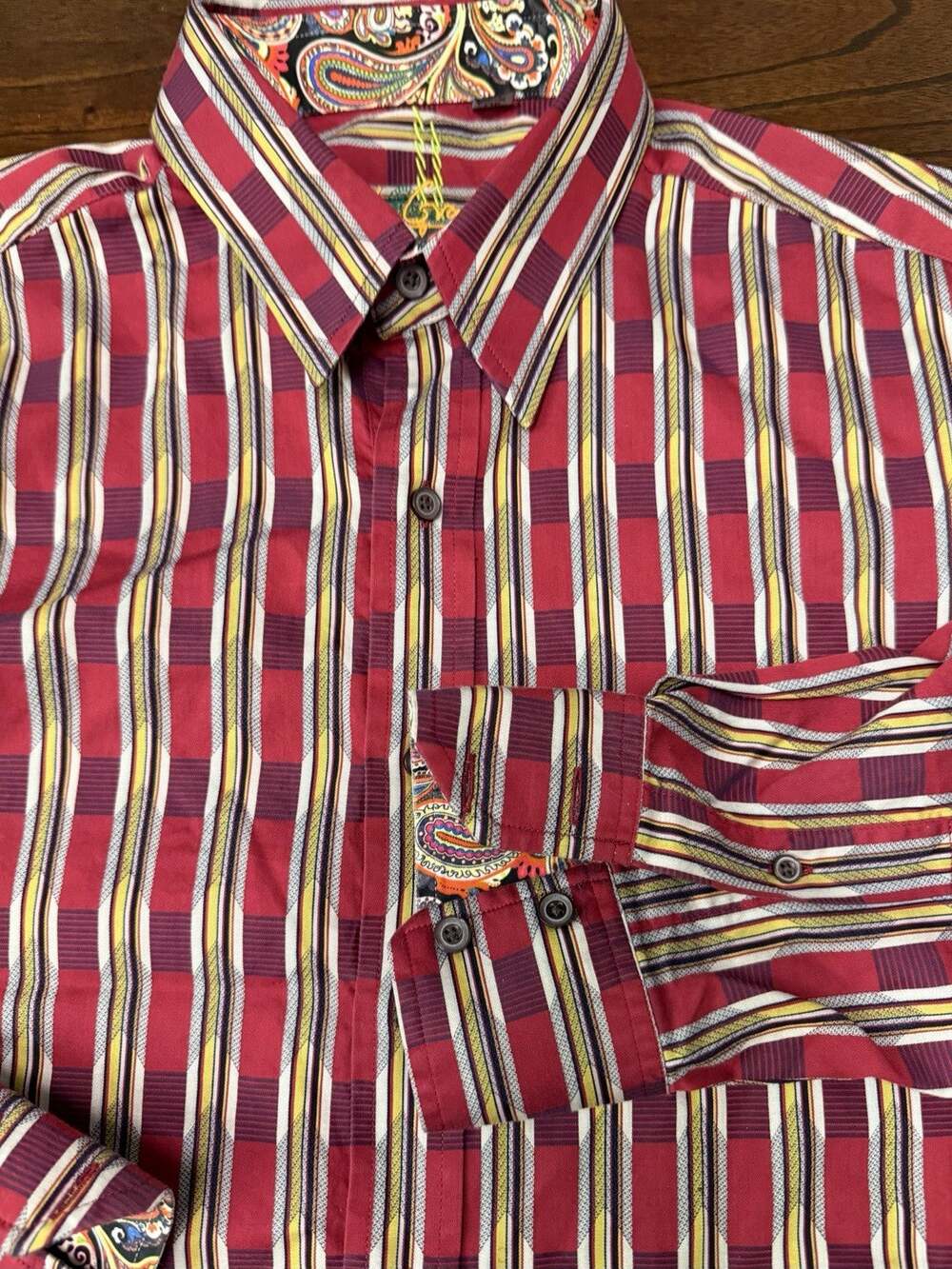 Robert Graham Men's Shirt - Burgandy and Gold Striped Paisley Size Large L